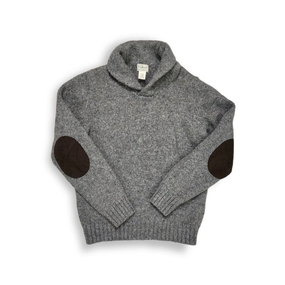 LL Bean Shetland Wool Shawl Collar Elbow Patch Sweater Knit Mens Medium